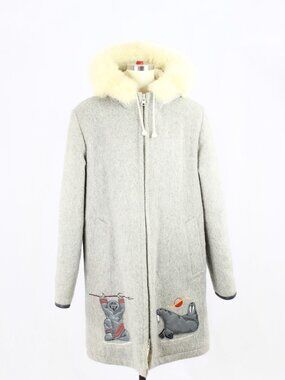 Vintage 70's KELSEY TRAIL Inuvik Grey Embroidered Wool Fur Trim Coat, Size 18